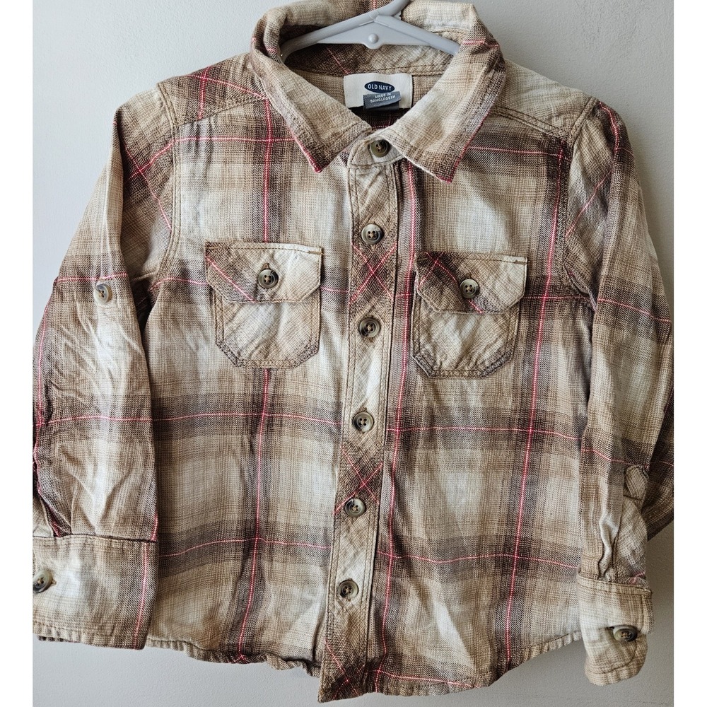 Old Navy Toddler‎ Boys Plaid Shirt Jacket 3T Brown Tan Cotton Button Up Fall